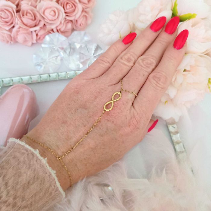 Nowość bransoletka z pierścionkiem hand chain znak nieskończoności stal chirurgiczna unikat