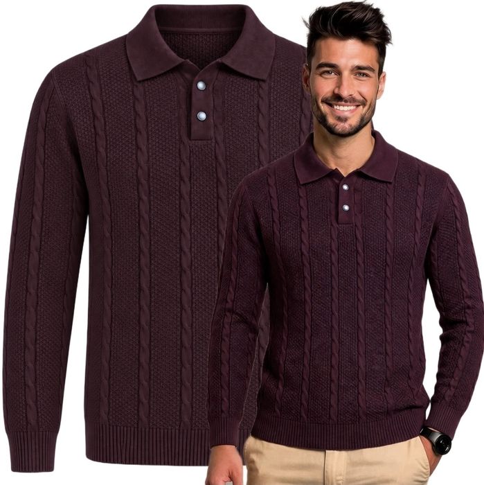 ELEGANCKI Męski sweter BURGUNDOWY z WEŁNĄ POLO zapinany warkoczowy rozm od S do 2XL