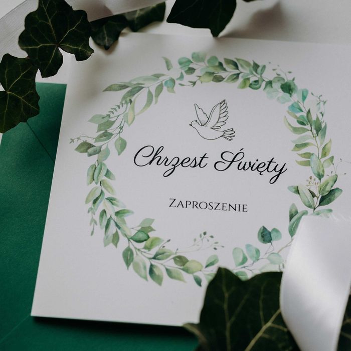 Zaproszenia na Chrzest Święty z zielenią i gołębicą