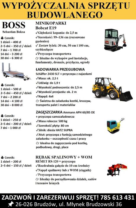 Wynajem Wypożyczalnia Mini Koparka Minikoparka Ładowarka BEZ KAUCJI