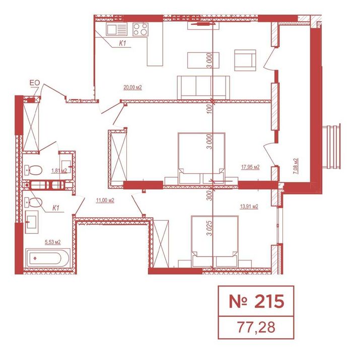 Велика 2-кімн. квартира (77 м2) від забудовника в готовому будинку