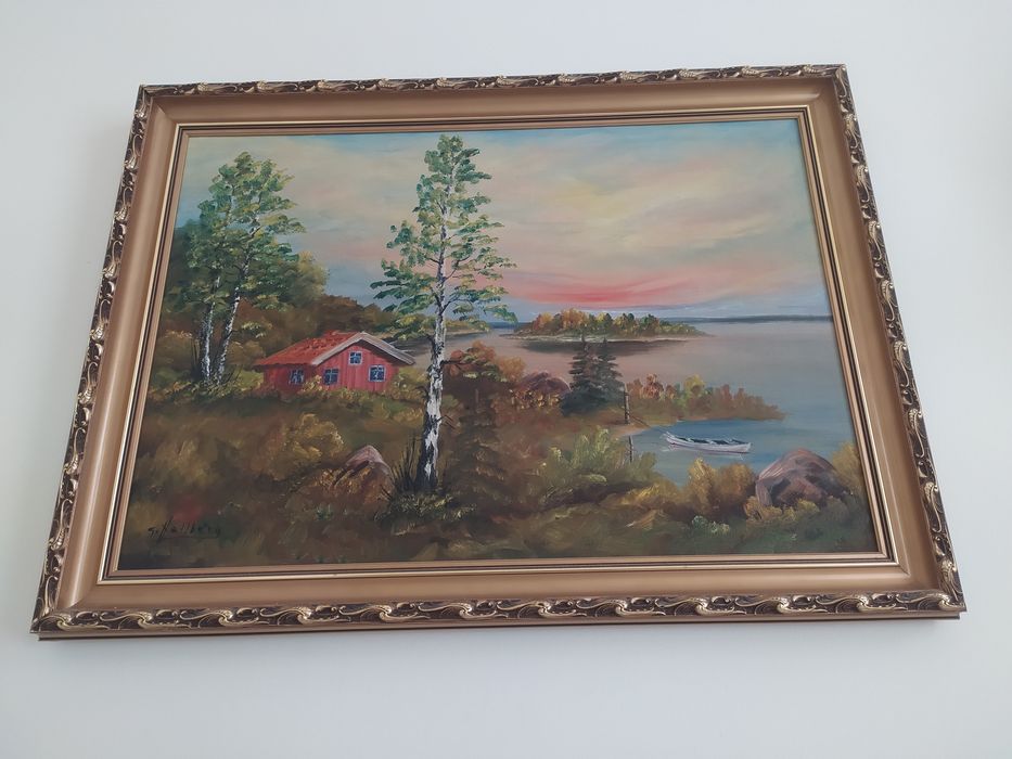 Wyprzedaż. Piękny obraz piękna rama domek nad jeziorem o zachodzie sło