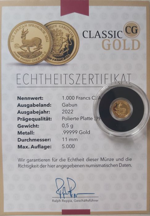 Золотая монета весом 1/2 грамма с сертификатом