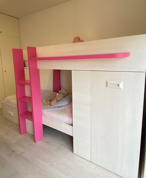 Beliche Infantil Cor-de-rosa com Armário e Gaveta - Colchões Opcionais