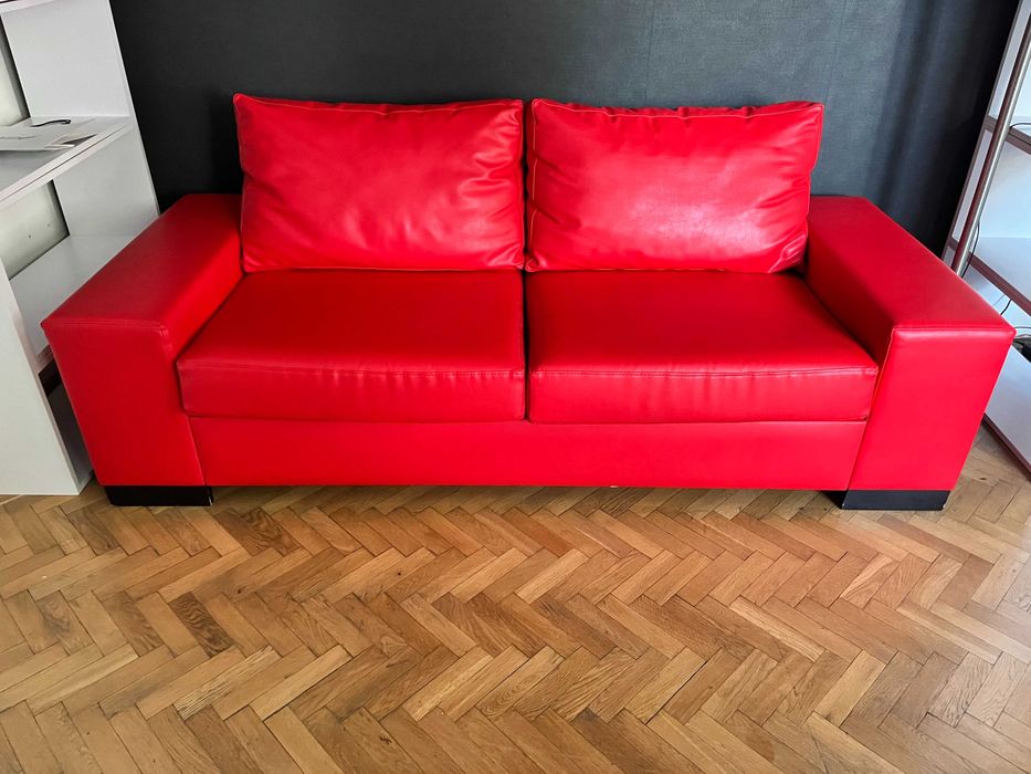 Kanapa - rozkładana - czerwona - ekoskóra