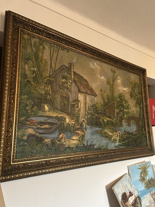 Quadro Antigo Pintura a Óleo - Cena Rural com Moinho e Rio