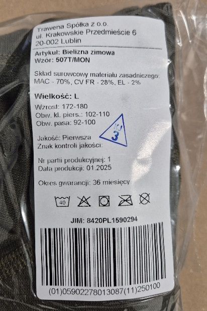 Bielizna wojskowa zimowa 507T/MON, roz. L