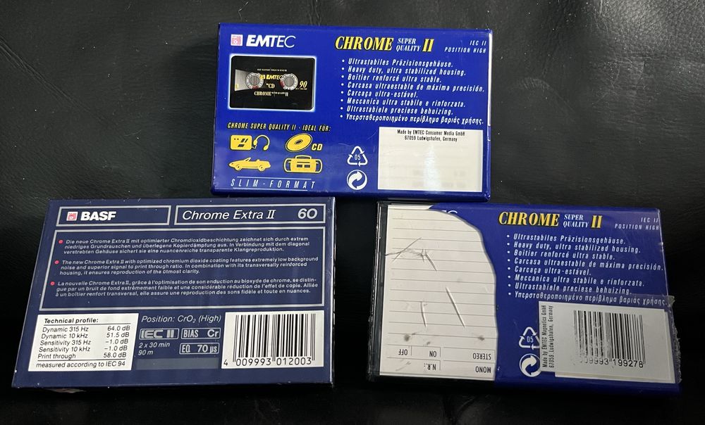 3 Nowe Kasety Magnetofonowe EMTEC Chrome Super Quality II 90 , BASF 60 Chrome Extra II