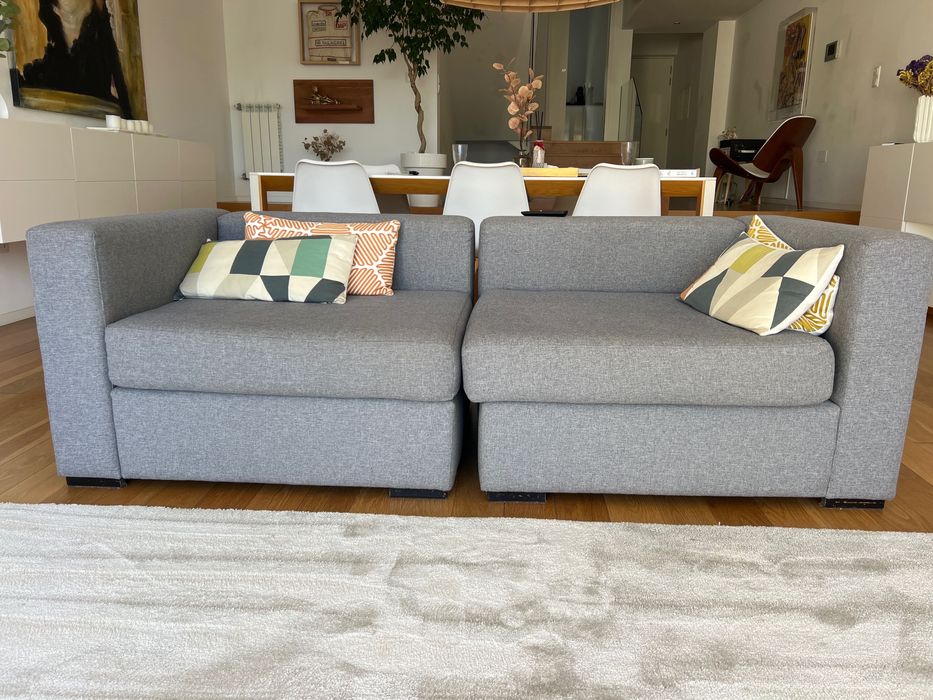 Sofá 2,80X95 cm e 2 pequenos modulares em cinza forrados a tecido