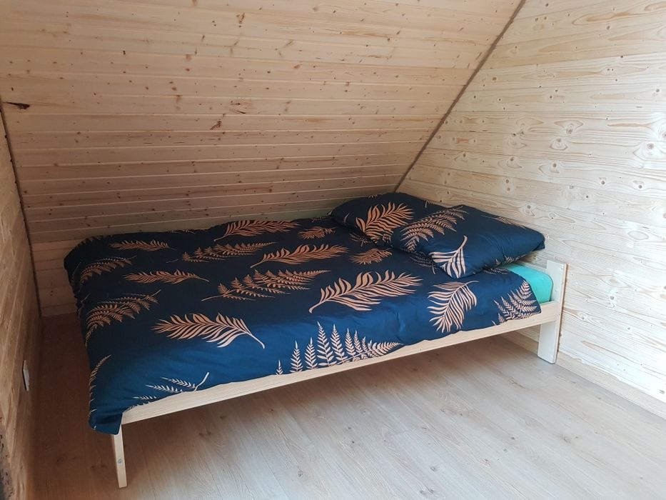 Domek letniskowy na Mazurach nad jeziorem Orzysz z linia brzegową.