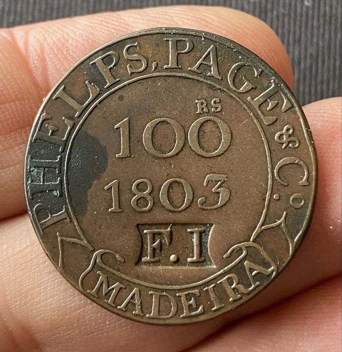 Moeda - Ficha da Madeira 100 Reis 1803 Muito RARA