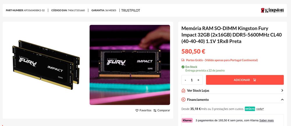 DDR5 5600Mhz 16GB Kingston Fury Memória RAM SO-DIMM
