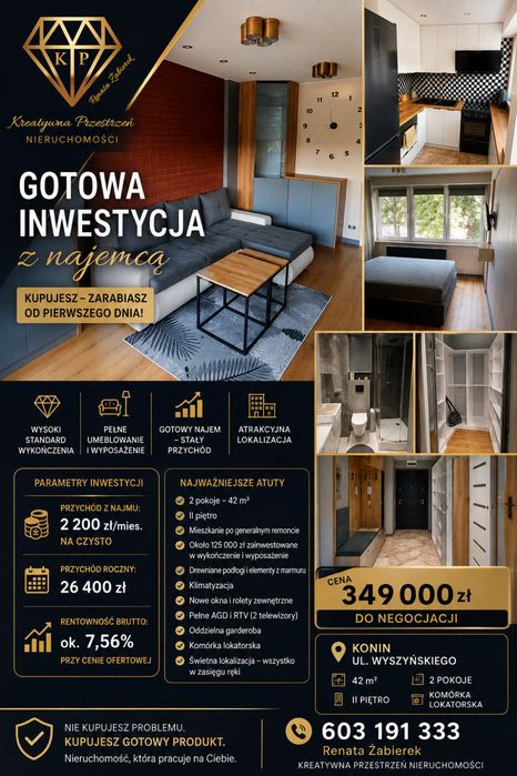 Gotowa inwestycja z najemcą-mieszkanie 42m2 Konin