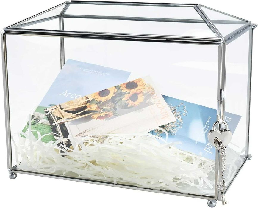 Duże szklane pudełko na karty ślubne 26 cm z otworem i zamkiem