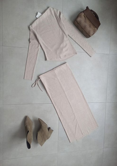 Zara komplet z wiskozą s 36 top spódnica beżowy