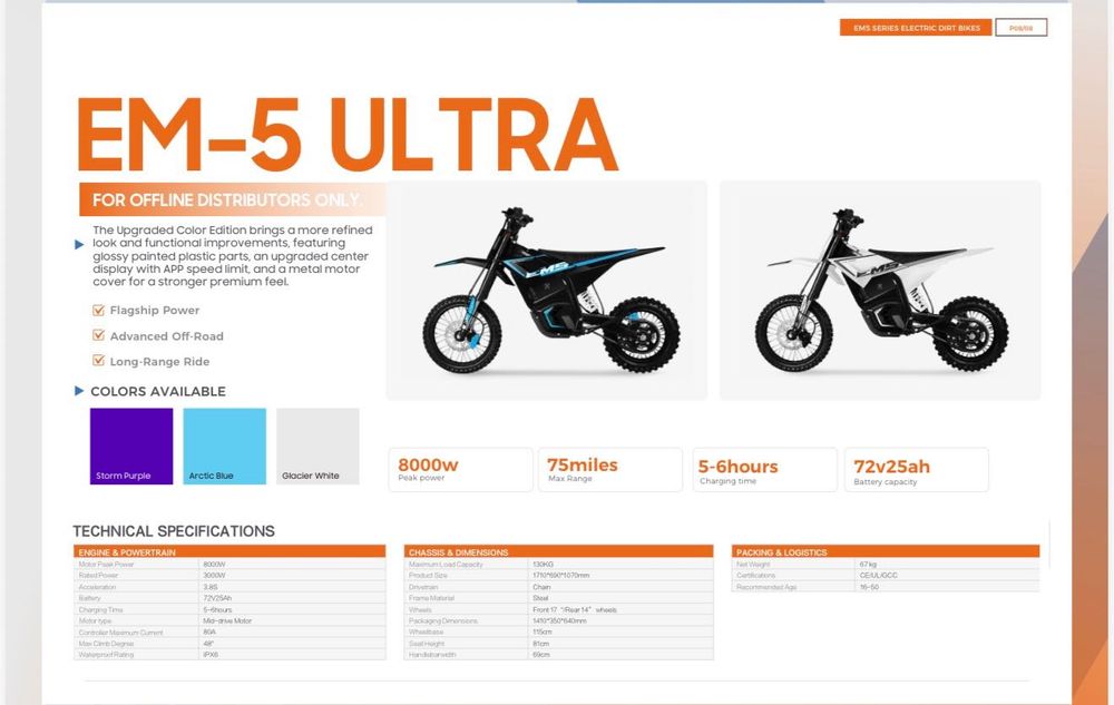 Valtinsu EM5 Ultra 72V 8000W - Mota / Dirt Bike Elétrica Cross (Surron)
