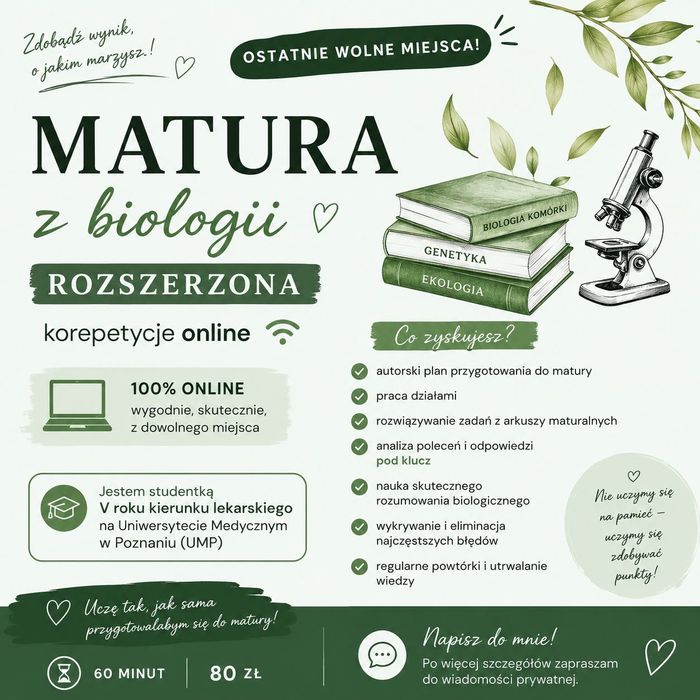 OSTATNIE WOLNE MIEJSCA – KOREPETYCJE Z Biologii Rozszerzonej | Matura 2027