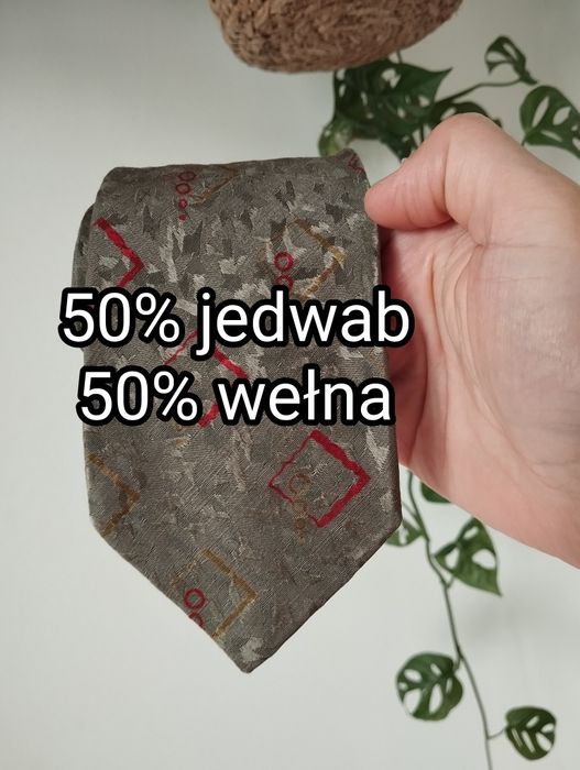 Krawat jedwab i wełna,  oliwkowy, szary, kolory ziemi, 8,5 cm Giorgio
