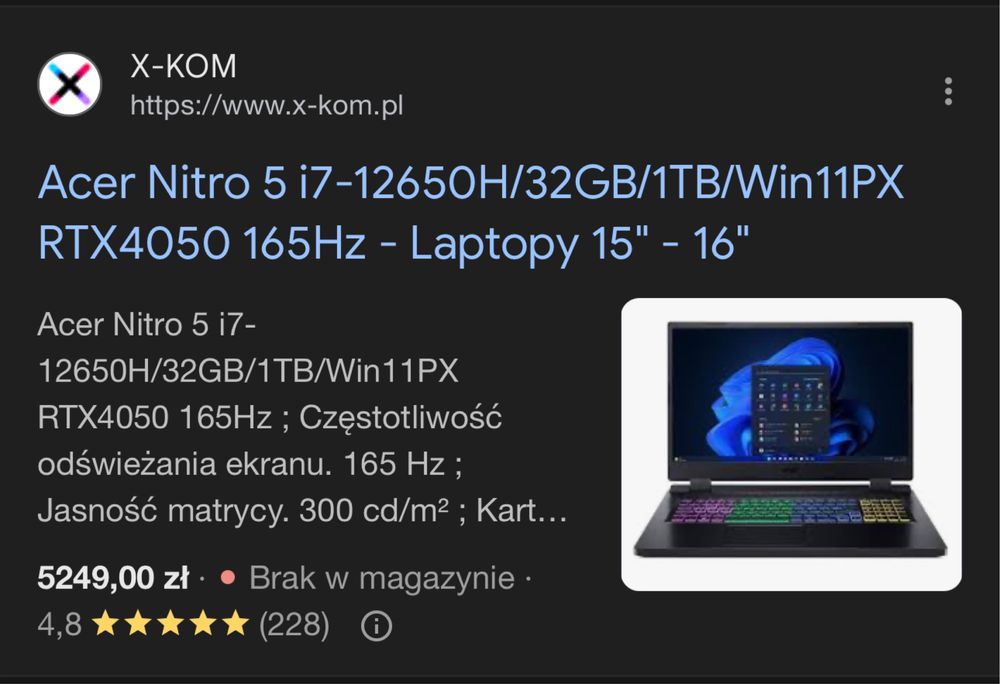 Laptop i7-12/rtx4050/32/1tb/165hz acer