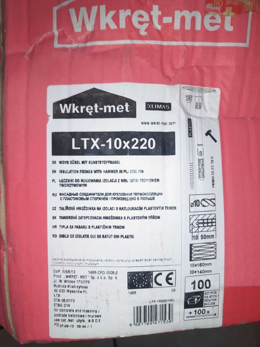 Kołki do styropianu wbijane, łączniki izolacji LTX 10x220 mm