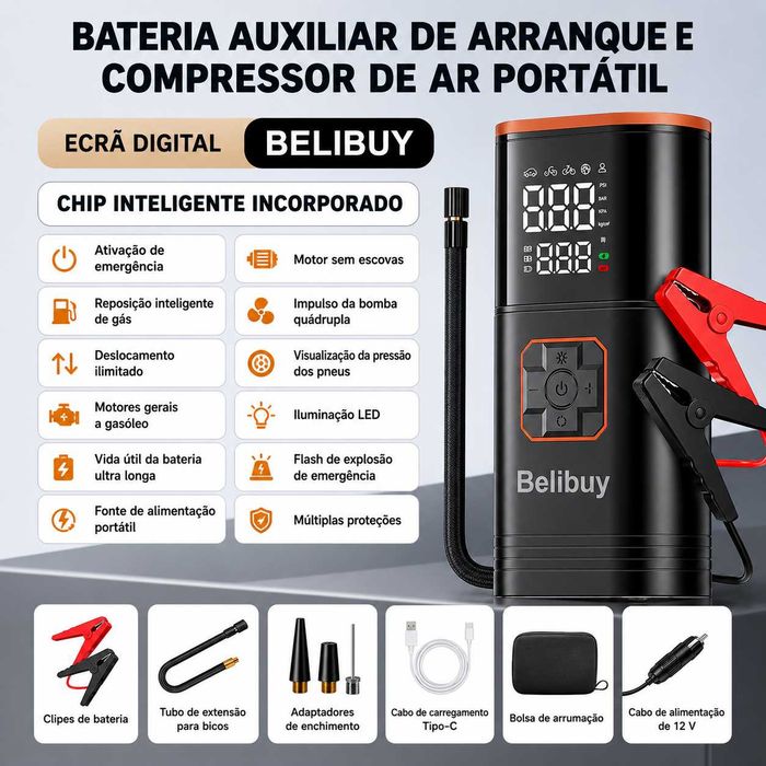 Arrancador de Bateria + Compressor de Ar Portátil | NOVO | Inflador de Pneus | Booster Lithium