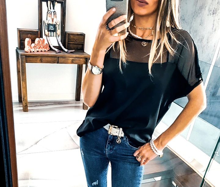 . Bluzka Tiulowa Z Siateczką Luźna Elegancka Xl