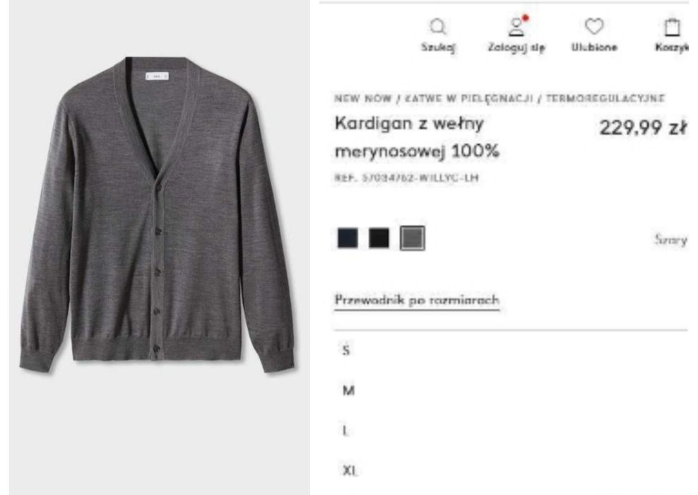 Szary kardigan męski Mango M wykonany z bardzo delikatnego merynosu