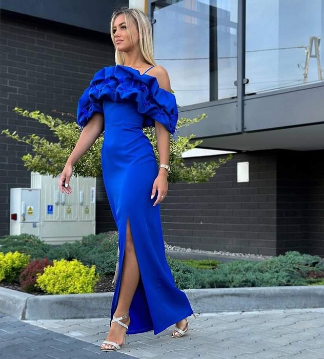 Sukienka chabrowa długa pióra piórka 42,44 marina maxi wieczorowa nowa