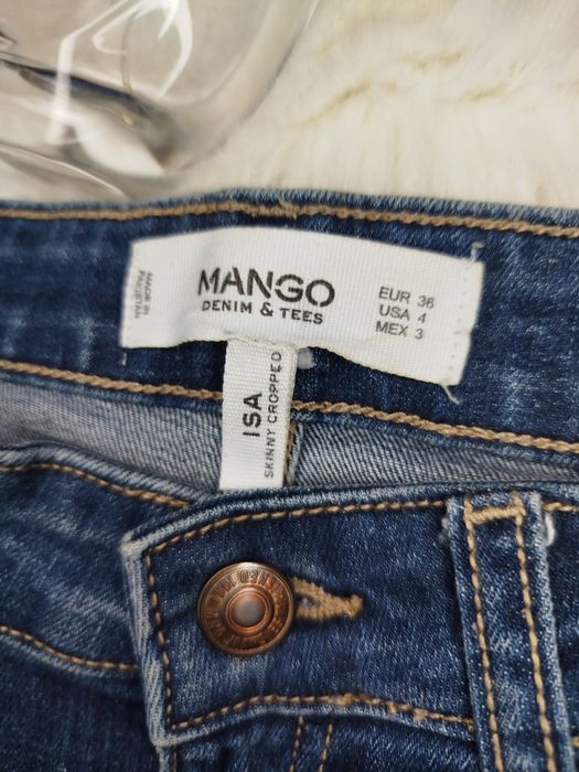 Niebieskie ciemnoniebieskie jeansy damskie wysoki stan Mango 36 S