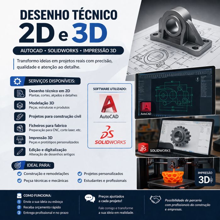 Desenho Técnico 2D e 3D | AutoCAD, SolidWorks + Impressão 3D