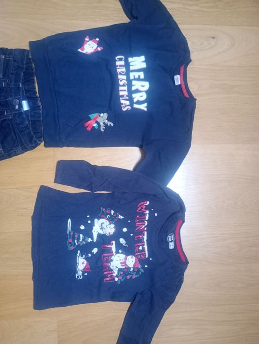 Zestaw bluza świąteczna 116, ocieplane spodnie jeansowe i bluzka z dłu