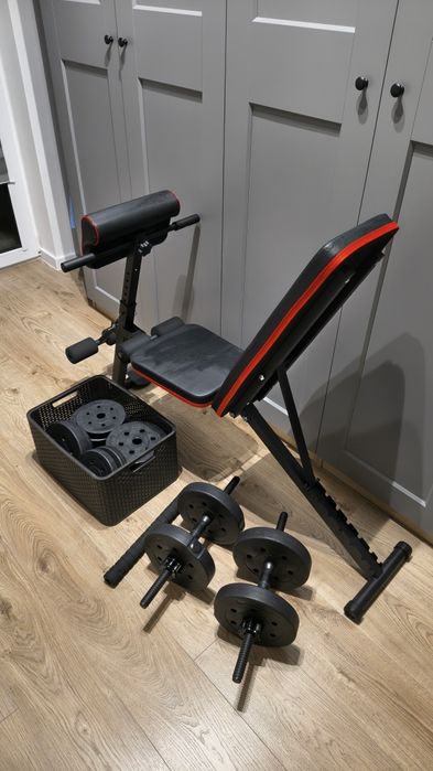 Zestaw do ćwiczeń siłowych, ławka, hantle, gryf, obciążenie 40kg