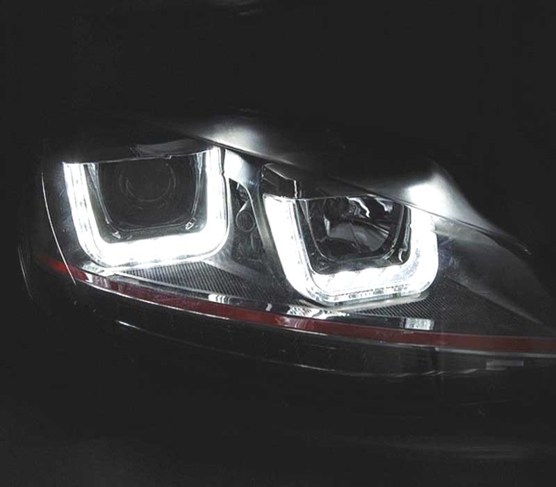 FARÓIS VOLKSWAGEN VW GOLF MK7 12-17 U-TYPE DRL DINAMICOS PRETO LINHA VERMELHA