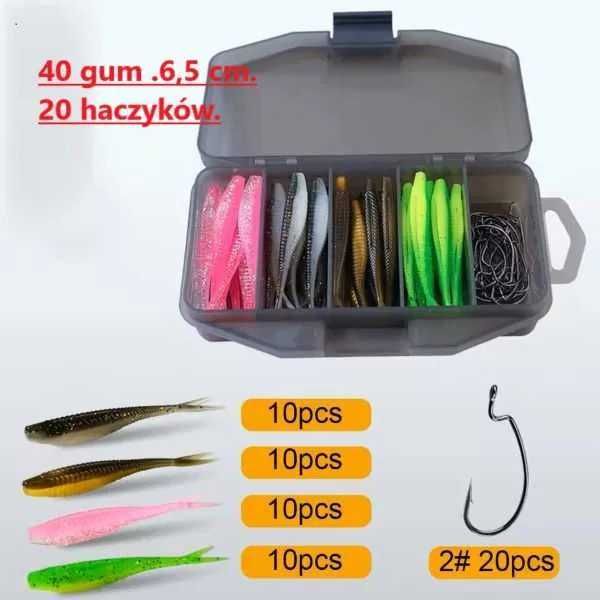 Przynęty gumy. 40 szt+20 haków+ pudełko. komplet. jaskółczy ogon.