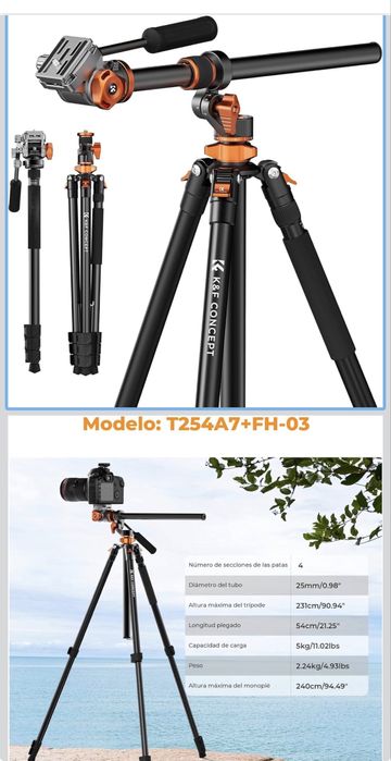 Tripé com monopé + cabeça fluída K&F Concept