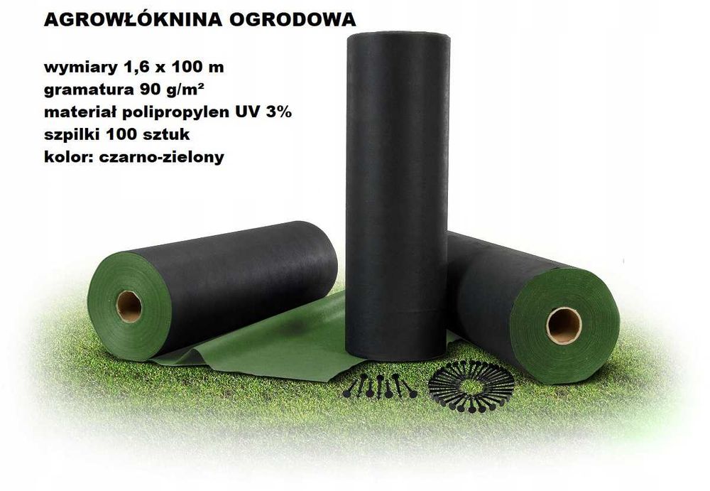 AGROWŁÓKNINA Ogrodowa 1,6m x 100m 90g/m2 + 100 szpilek  Czarno-Zielona