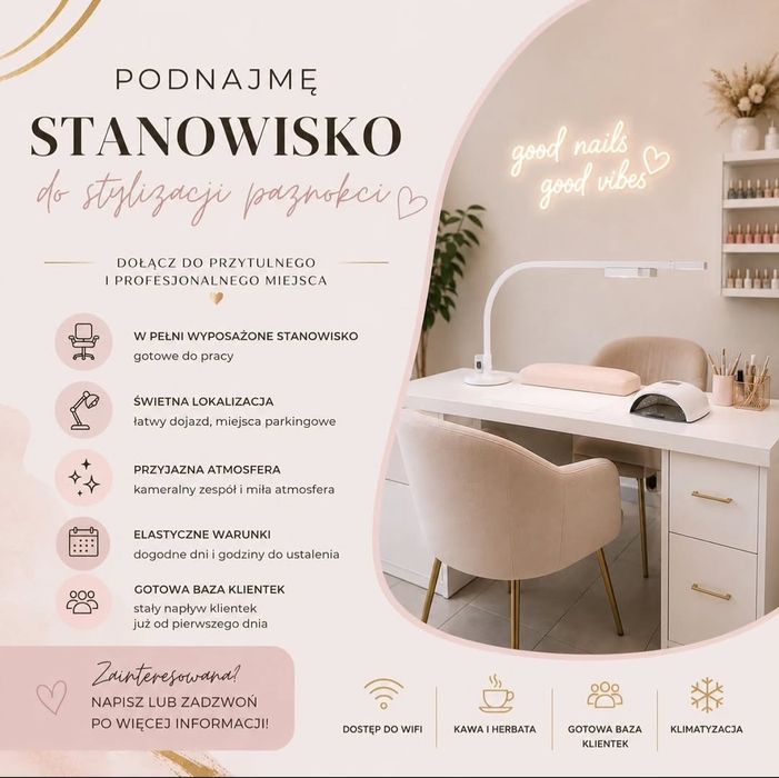 Podnajmę stanowisko do manicure/ stylizacji rzęs