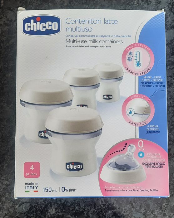 CHICCO pojemniki na mleko 4 x 150 ml + smoczek z nakrętką