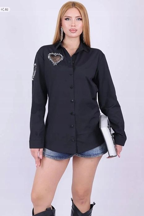 Czarna koszula z ażurowym sercem i guzikami elegancka m 5ia