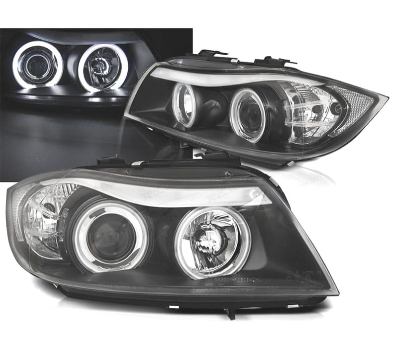 FARÓIS BMW E90 4P 05-08 ANGEL EYES CCFL FUNDO PRETO