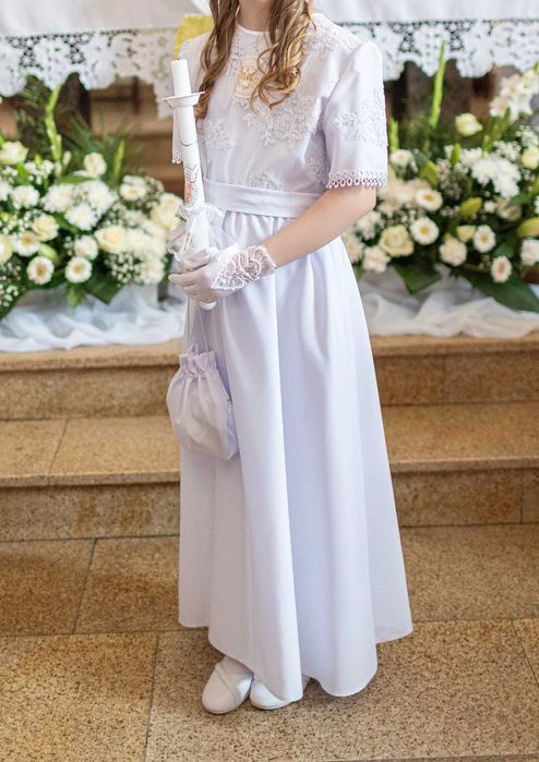 Alba komunijna, dziewczęca z bolerkiem, narzutką i dodatkami, JAK NOWA