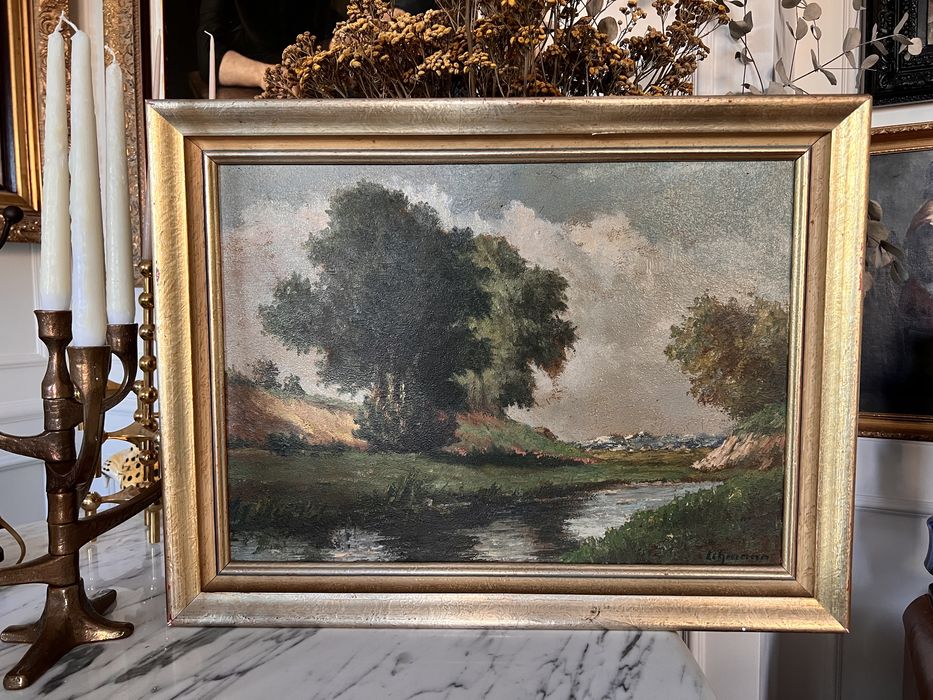 Obraz olejny olej pejzaż Lehmann stary XIX wiek antyk Vintage chmury