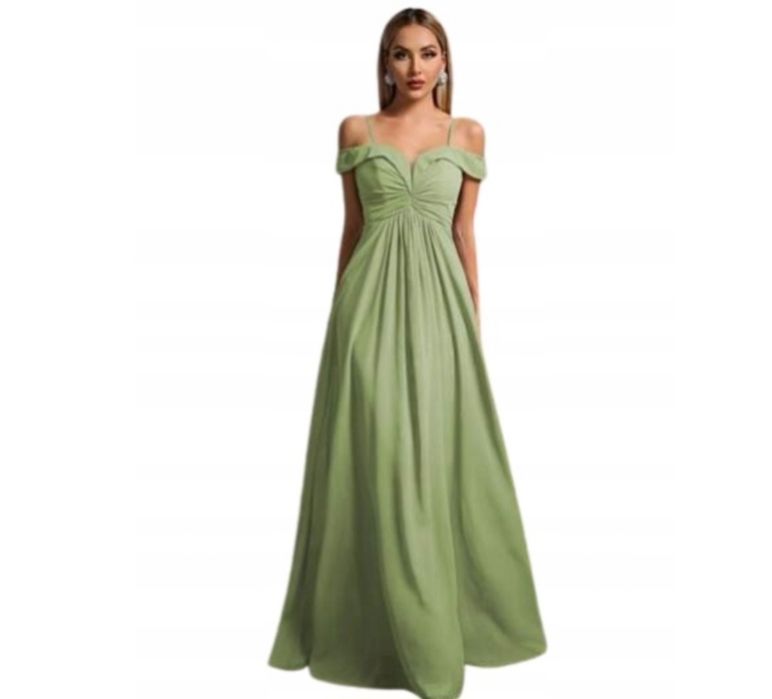 Sukienka długa litera A opadające ramiona studniówka sylwester balowa