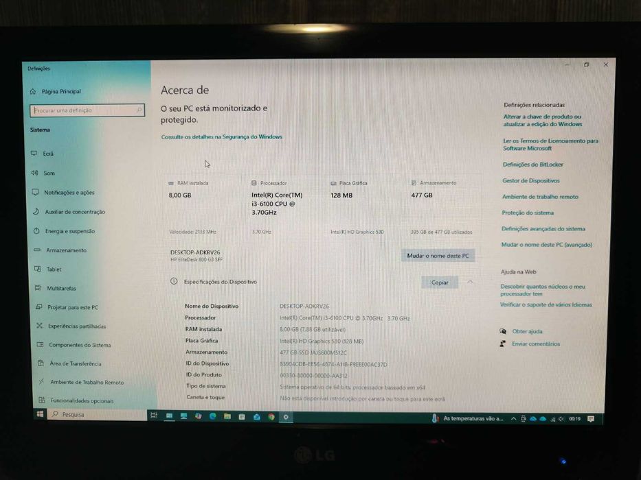 PC de Secretária HP EliteDesk 800 G3 SFF — Windows 10 Pro, SSD 480 GB