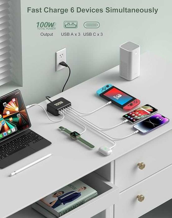 Ładowarka 100 W GaN, 6-portowy USB-C wieloma stacjami USB-A.USB-C 3.0