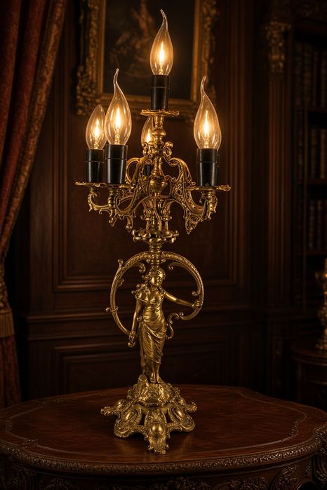 Pieknaduza mosiezna lampa figuralna w stylu secesyjnym