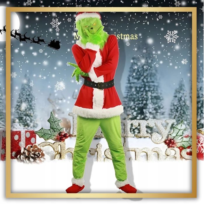 outlet kostium męski grinch 2xxl/3xxl z maską rękawiczkami i akcesoriami
