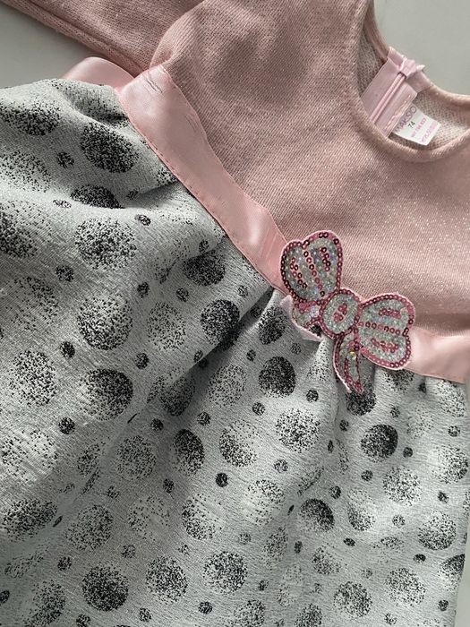 Sukienka z kokardą 74 różowo srebrna