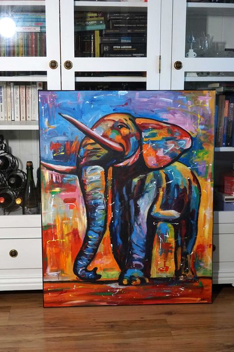 Oryginalny ręcznie malowany obraz olejny zwierzęta słoń abstrakcja