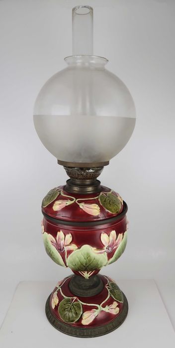 Candeeiro a Petróleo Arte Nova - Cerâmica Majólica Séc. XIX